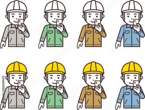 スマホを見るヘルメットと作業服を着用した男性のアイコン