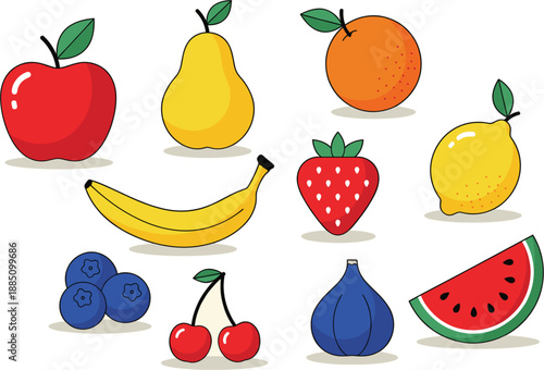 Colorful fruit vector set featuring red apple yellow pear orange banana strawberry lemon blueberries cherries fig and watermelon slice