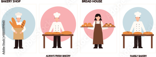 Professional baker characters with fresh bread and bakery shop signs set for artisan bakehouse branding and pastry business design