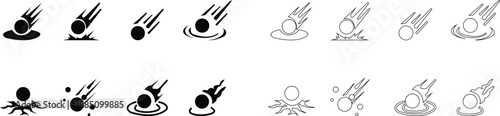 Meteor impact icon set , showing an asteroid collision with ground or surface. Ideal for science, astronomy, space themes, asteroids trajectory, disaster visuals, education, apps, and infographics.