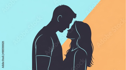 Silhouette Couple Facing Each Other With Love.