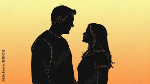 Silhouette Couple Looking Each Other Sunset.