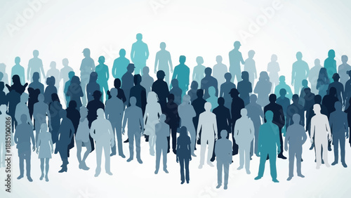 Diverse Crowd Of People Silhouettes In Blue Tones.