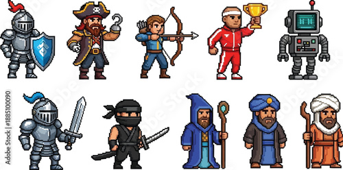 A collection of diverse pixel art game characters including knights pirates archers robots wizards and other unique fantasy figures