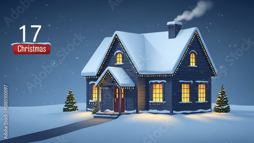 Cozy snow covered house with Christmas lights festive winter scene with countdown number 17 perfect for holiday season greetings