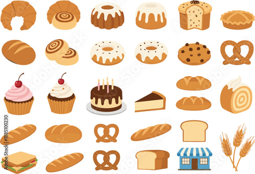 Large collection of bakery and pastry vector elements featuring bread loaves croissants cupcakes donuts and pretzels for food menu design