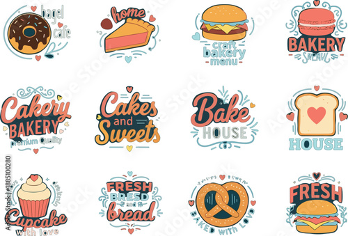 Colorful bakery and sweets logo set featuring donuts cakes burgers and fresh bread labels for cafe pastry shop and home baking branding