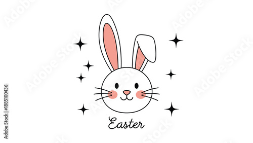 Cute and simple line drawing of a white bunny face with pink ears, blushing cheeks, and the word 'Easter' written below, surrounded by stars.