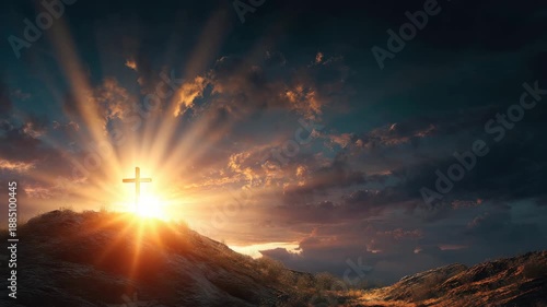 Glowing cross on hill at sunrise with dramatic sky, sunbeam and sunrise light, radiant light and warm light evoking hope and reverence over cloud filled landscape, religious symbol of faith