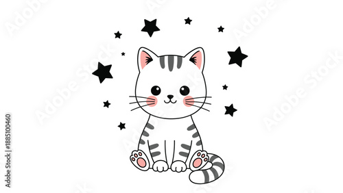 An adorable sitting cartoon kitten with gray stripes, pink cheeks, and big cute eyes, surrounded by a halo of black stars on a white background.