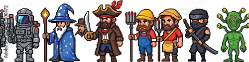 A collection of diverse pixel art character sprites including an astronaut wizard pirate farmer ninja and green alien monster for game development projects.
