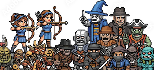 Collection of various pixel art video game characters including archers robots wizards pirates and monsters standing together