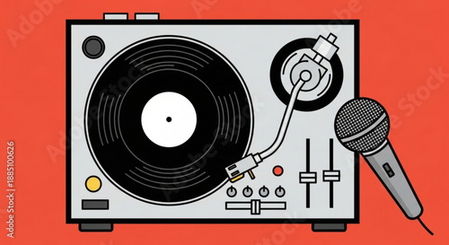 Turntable with vinyl record and microphone on red background for music production or djing
