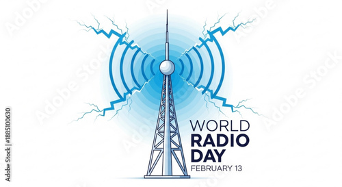 World radio day illustration with radio tower and blue signal waves on white background celebrating february 13