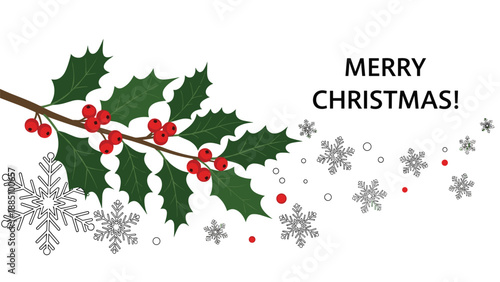 A festive 'Merry Christmas' greeting card design with a branch of holly and red berries accompanied by a flurry of decorative snowflakes.