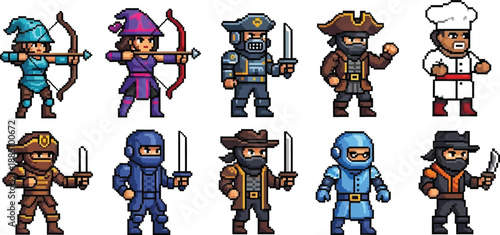 Collection of ten distinct pixel art game characters including archers pirates ninjas and a chef ready for adventure or battle