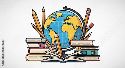 Globe surrounded by colorful books and pencils on white background symbolizing education and learning