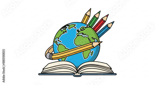 Global education concept with open book and pencils surrounding globe illustration