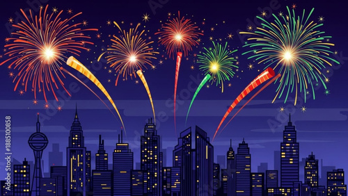 Colorful fireworks exploding over a modern city skyline at night celebrating a festive occasion with bright light displays