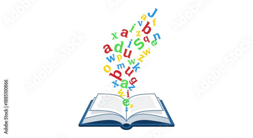 Open book with colorful alphabet letters flying out symbolizing education learning and knowledge
