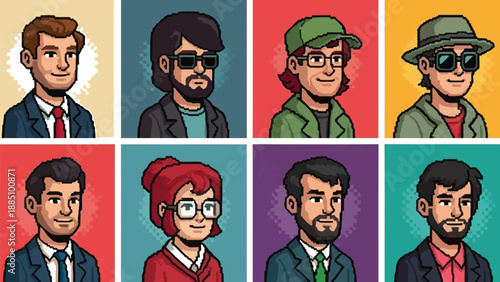 Collection of eight diverse pixel art character portraits featuring various men and one woman suitable for digital gaming or profile icons representing different styles
