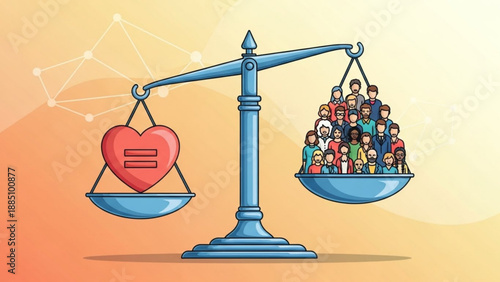 Scales of justice balancing a heart with equality symbol against diverse group of people concept of fairness and human rights