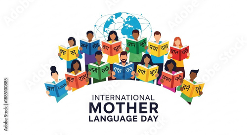 International mother language day celebration with diverse people reading books around the globe