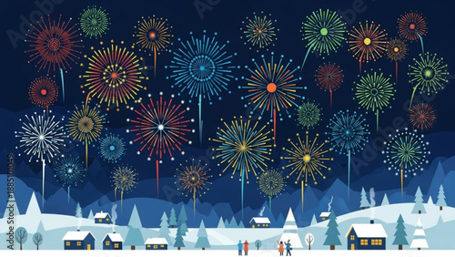 Colorful fireworks explode over a snowy village landscape celebrating a festive winter holiday night with a starry sky