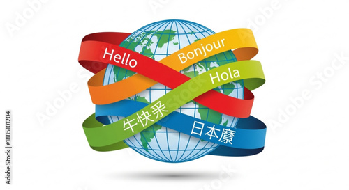 Global communication concept with colorful ribbons wrapped around the earth symbolizing international greetings and language diversity