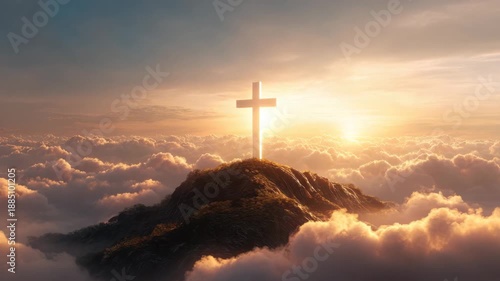 Majestic glowing radiant wooden cross on mountain hilltop peak above sunrise clouds and sky, sunrise light and cloud sea, serene spiritual scene conveying hope, solitude and reverence
