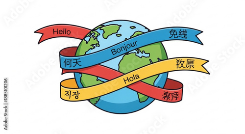 Global communication concept with multilingual hello ribbons wrapped around the earth globe