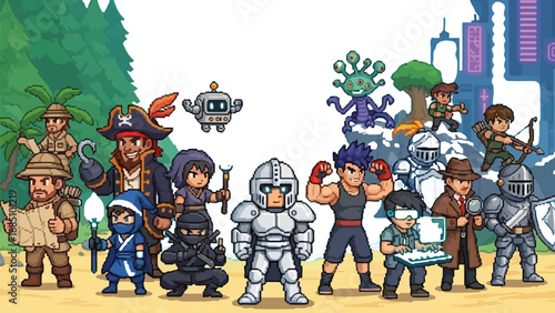 A diverse collection of pixel art video game characters spanning various genres including explorers pirates ninjas knights and futuristic heroes unites in this vibrant scene