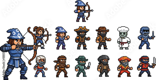 Collection of diverse pixel art character sprites featuring archers wizards pirates cowboys zombies chefs and various melee fighters ready for game development projects