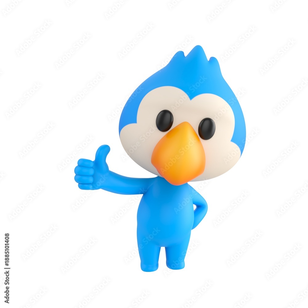 Fototapeta premium Cute 3D render Blue Bird character giving a thumbs up with one hand while the other hand rests on the hip, confident and friendly mascot style, isolated on white background.