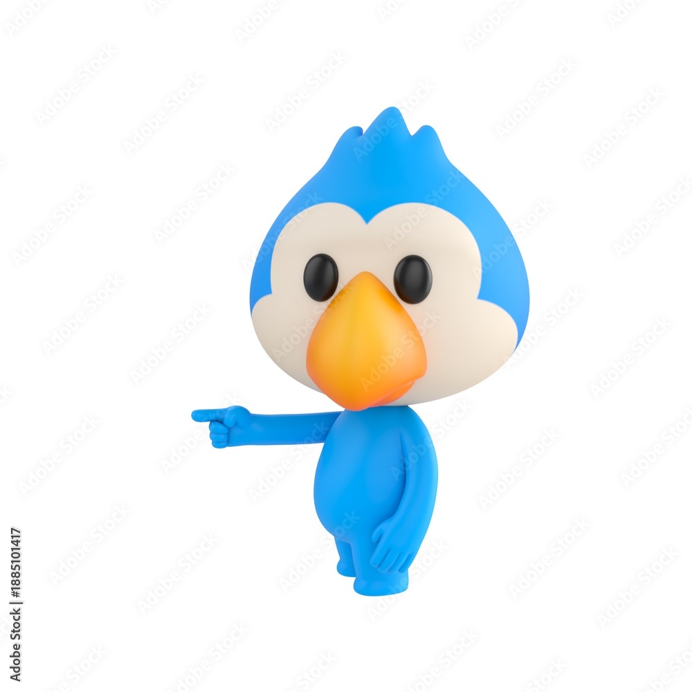 Fototapeta premium Cute 3D render Blue Bird character pointing to the side while facing the camera, one hand relaxed at the side, friendly and confident mascot style, isolated on white background.