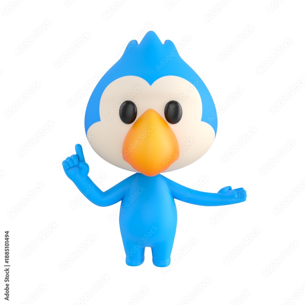 Fototapeta premium Cute 3D render Blue Bird character explaining with one hand open to the side and the other hand pointing up, confident and informative mascot style, isolated on white background.