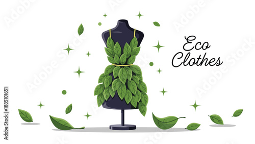 A mannequin wears an elegant dress made entirely of green leaves, with the text 'Eco Clothes,' promoting sustainable and ecological fashion.