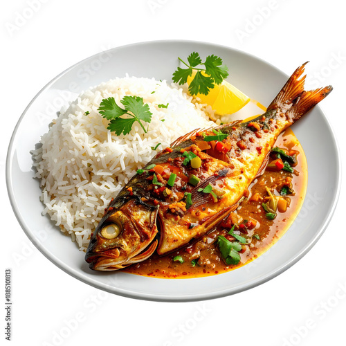 Succulent sayadieh, featuring white fish fillets on a bed of aromatic rice, isolated on white background this elegant dish is a celebration of mediterranean flavors
