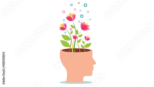 An abstract concept of mental wellness and positive thinking, shown as beautiful pink flowers growing out of a person's head like a vase.