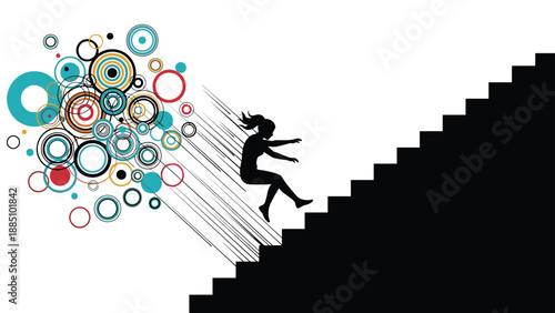 A silhouette of a woman falling down a dark staircase, with an explosion of colorful abstract circles behind her, representing a setback or failure.
