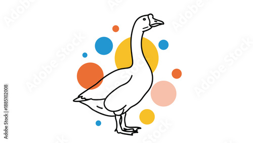 A simple black line art drawing of a goose standing, set against a background of colorful abstract circles in orange, blue, and yellow.