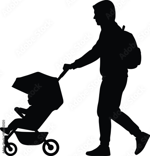 Silhouette of father pushing baby stroller outdoors, representing parenting, fatherhood, childcare, responsibility, bonding, family care, modern lifestyle concept