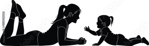Silhouette of mother and baby lying face to face, showing love, bonding, care, motherhood, trust, early childhood connection, family affection concept