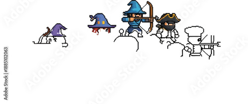 Collection of diverse pixel art character sprites featuring fantasy medieval classes adventurers and unique figures for game development projects