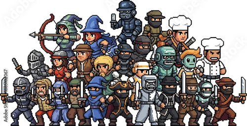 A diverse collection of vibrant pixel art video game characters including warriors mages ninjas and unique classes like a zombie and chefs