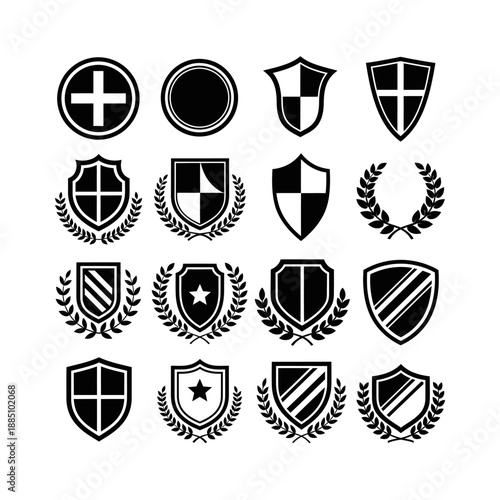 A diverse collection of black and white shield and emblem designs featuring heraldic elements and laurel wreaths.