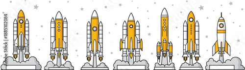 Space rocket launch vector set featuring various shuttle designs with fire smoke and stars for science exploration and technology projects