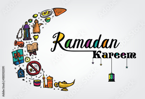 Creative Ramadan Kareem concept with Cartoon Crescent Moon made of Items. Editable Clip Art.