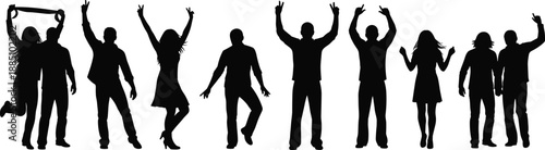 Silhouettes of people celebrating together with raised hands, symbolizing happiness, success, freedom, teamwork, unity, victory, positive energy, social concept