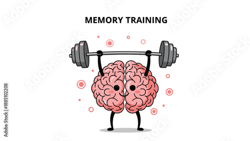 A cute and funny cartoon of a human brain character with legs and arms, lifting a heavy barbell with the title 'Memory Training'.